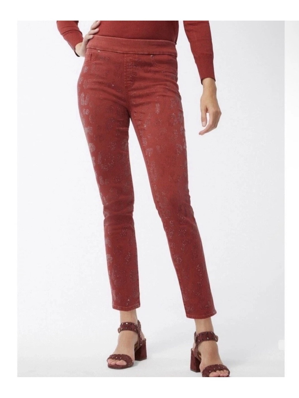 Chicos Platinum Jegging Ankle Pants Rust/Red with LeapedPrint Rhinestones